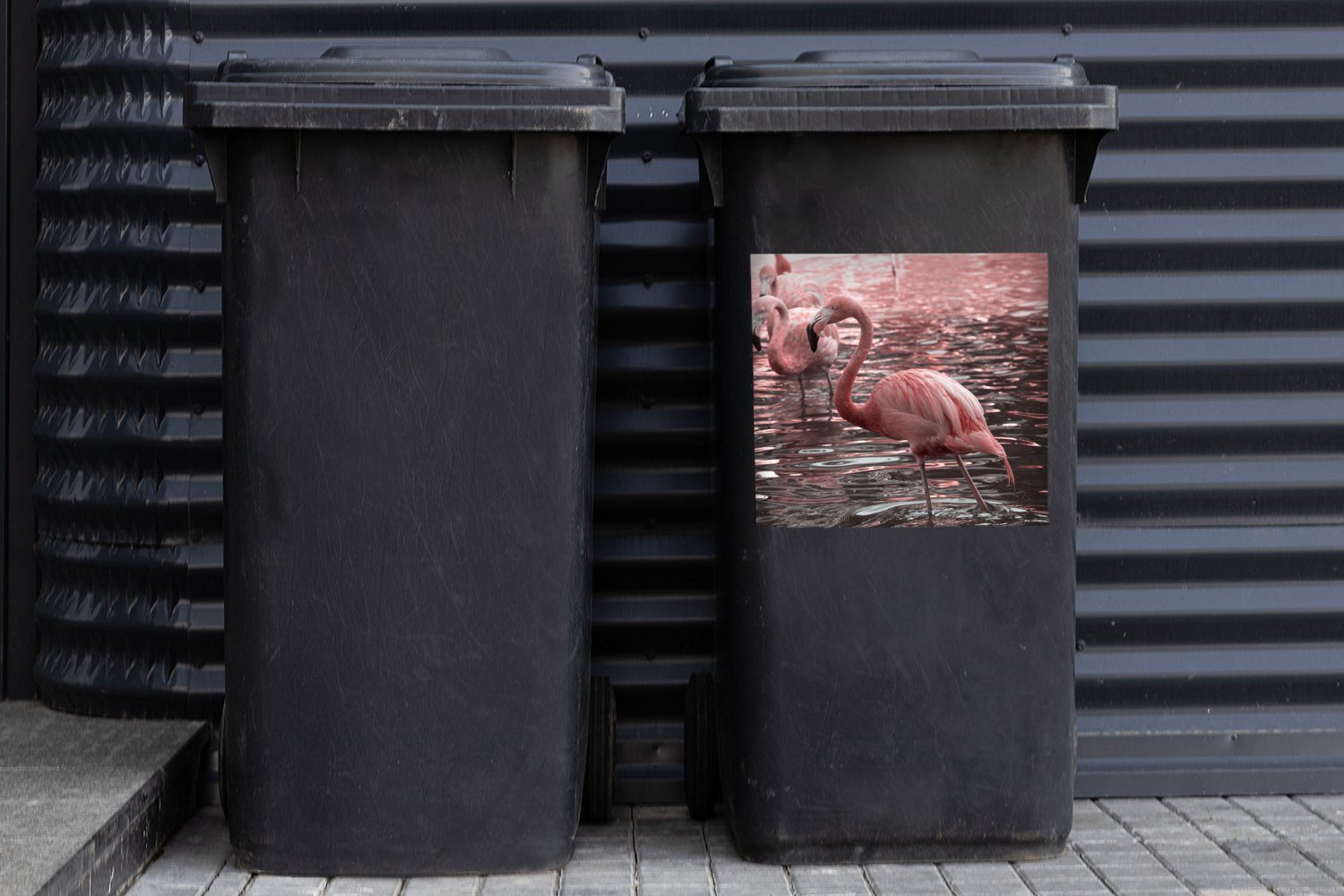 Wandsticker steht im Wasser von Container, Flamingos St), Mülleimer-aufkleber, Eine MuchoWow Abfalbehälter Sticker, Mülltonne, Gruppe (1