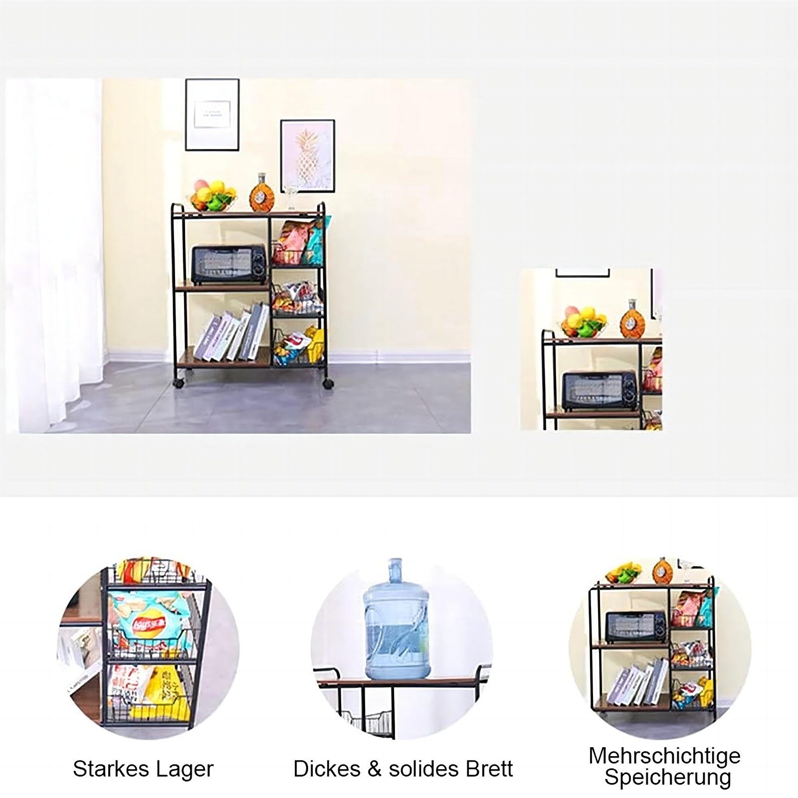 GLIESE POWER Küchenwagen Servierwagen mit 3 Schubladen Aufbewahrungskorb und 2 Ablagen