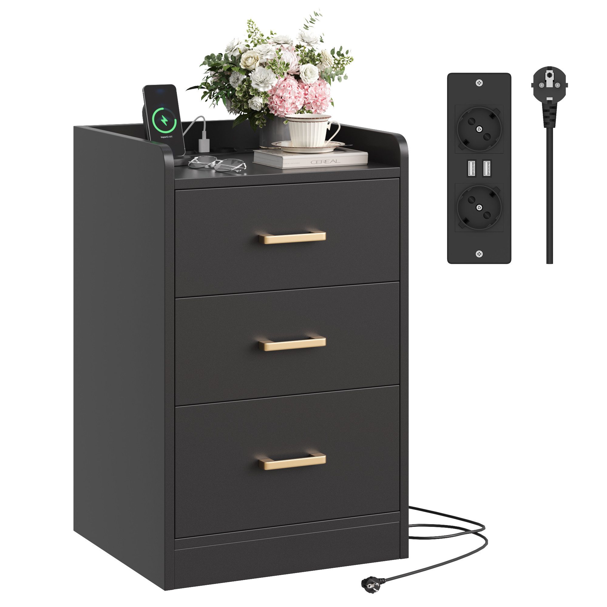 Homfa Nachttisch Nachtschrank mit Ladefunktion (1-St), 3 Schubladen, 2 AC-Steckdosen, 2 USB-Anschlüsse, 40x38x66cm