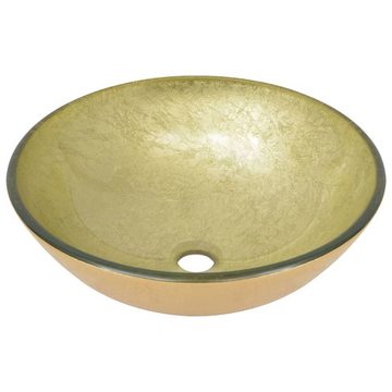vidaXL Waschtisch Waschbecken Bad mit Wasserhahn und Ablaufgarnitur Gold gehärtetes Glas