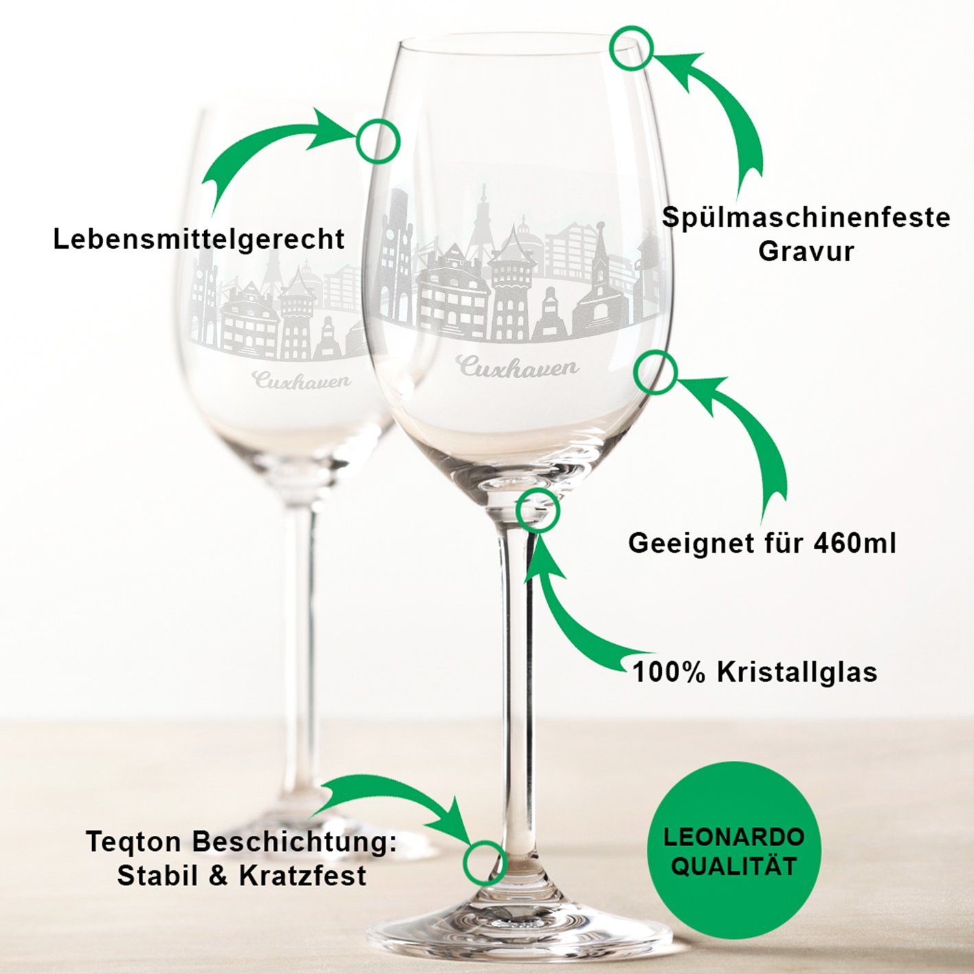 GRAVURZEILE Rotweinglas Leonardo Weinglas mit 360° Gravur - Cuxhaven Geschenk im 2er Set, Glas, graviertes Geschenk als Souvenir Andenken & Mitbringsel