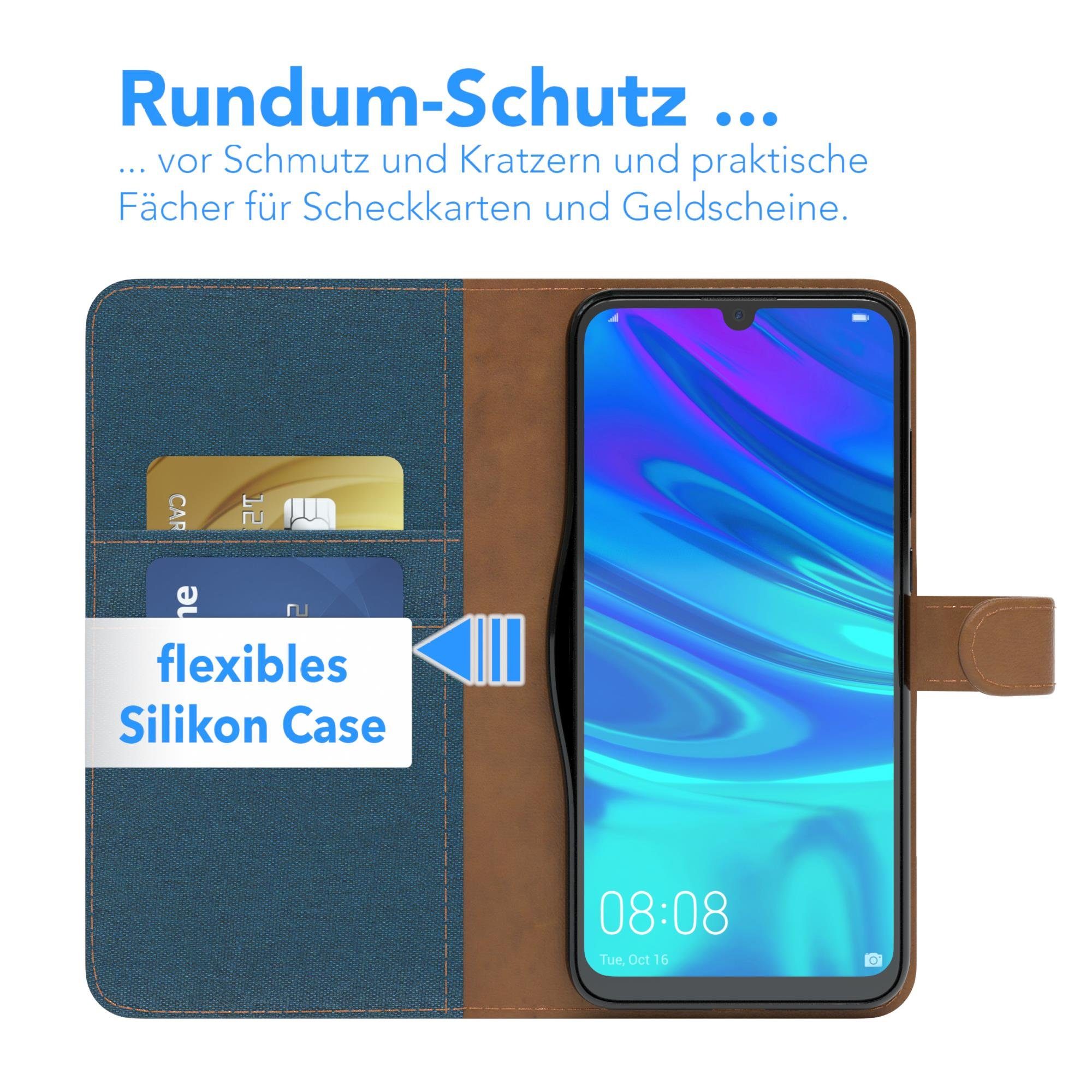 EAZY CASE Handyhülle Bookstyle Jeans für Huawei P Smart 2019 6,21 Zoll, Klappcase mit Standfunktion und Kartenfach Stoff Schutzhülle Blau