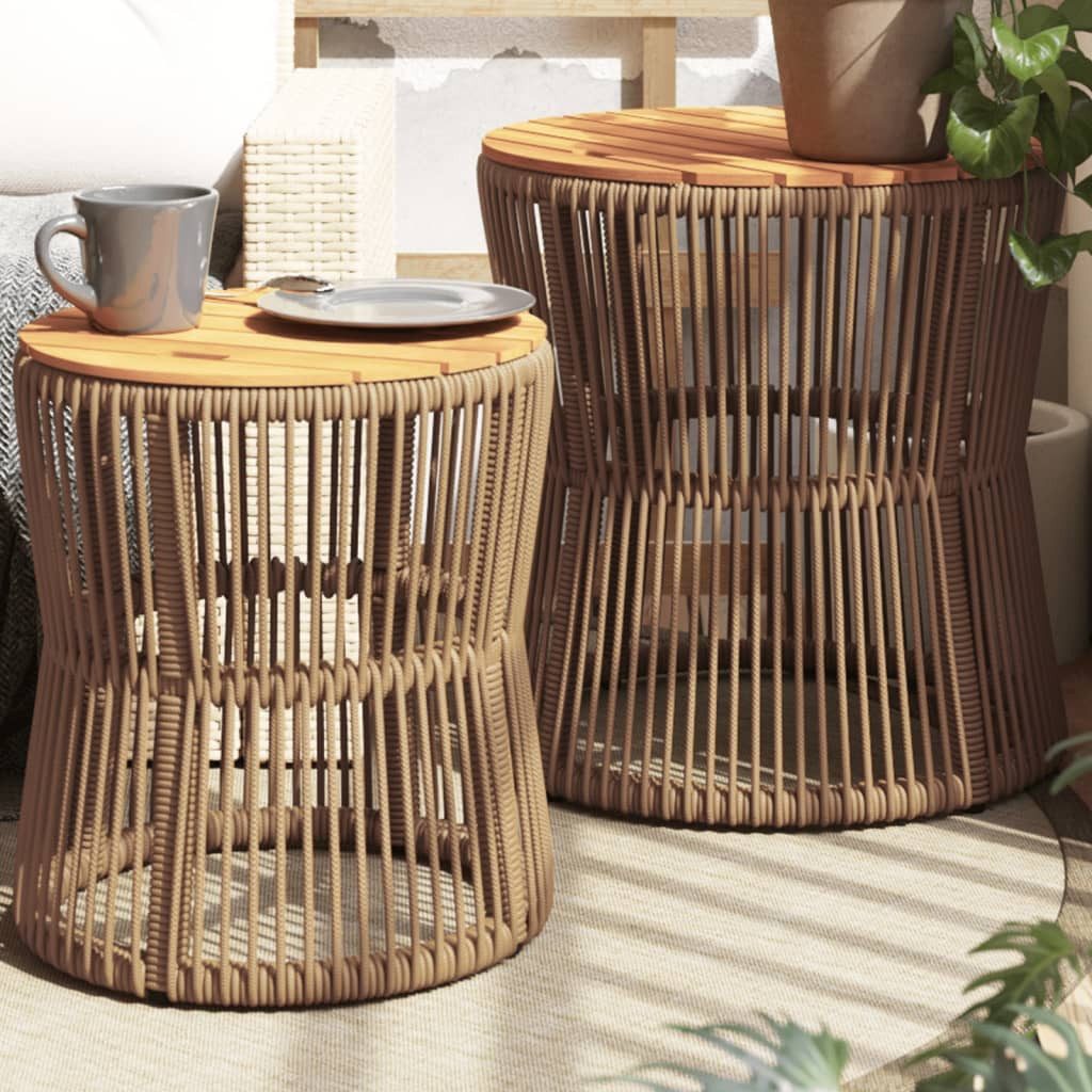 vidaXL Gartentisch Garten-Beistelltische 2 Stk. mit Holzplatte Beige Poly Rattan (1-St)