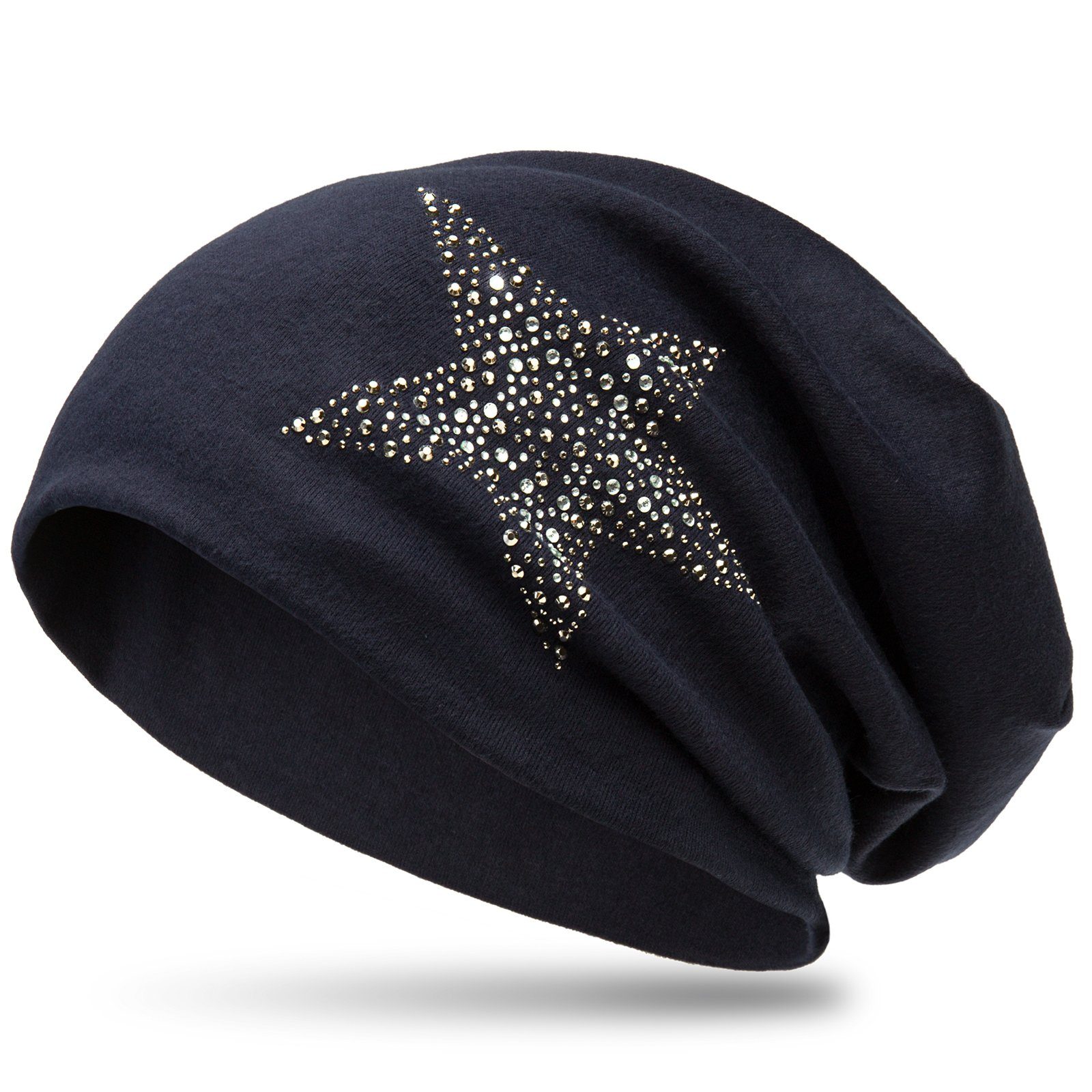 Caspar Beanie MU153 Mütze mit Strass Stern und warmem Flanell Stoff dunkelblau