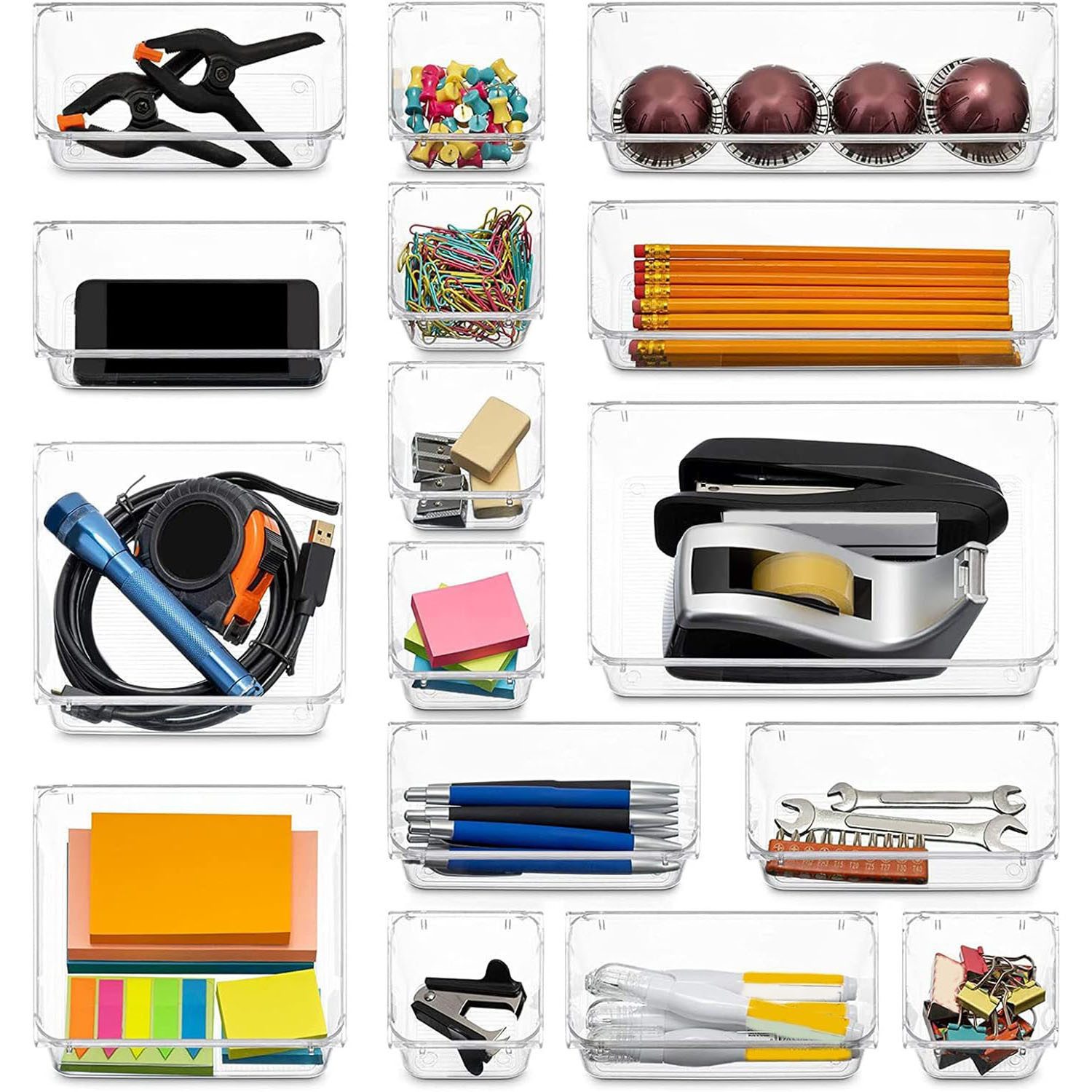 HEYHIPPO Schubladenbox 16 Schubladen-Organizer,5 Größen von Aufbewahrungsboxen für Krimskrams, (16er-Packung, Büroaufbewahrung, Kosmetik-Aufbewahrungsbox-Set, rutschfest), Transparenter Kosmetik-Trennorganizer aus wasserdichtem PET-Material