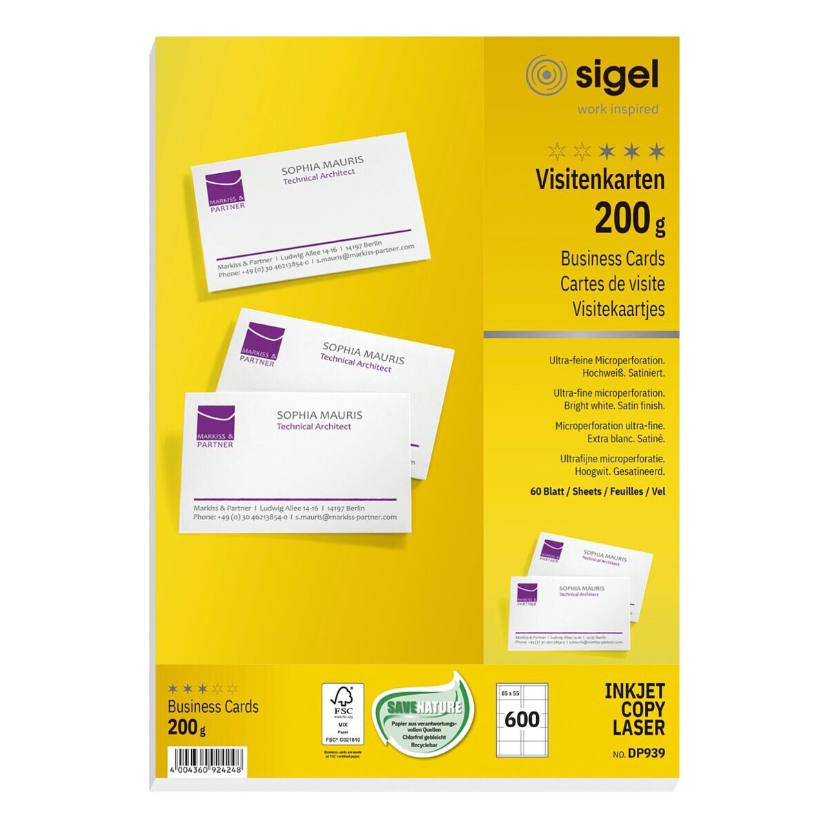 Sigel Visitenkarten VISITENKARTEN-MP, Edelkarton hochweiß, perforiert, 200 g/m²