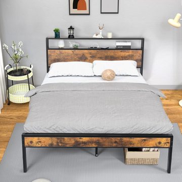 LETGOSPT Bettgestell Doppelbett mit Lattenrost 140x200 cm, Metallbett mit Kopfteil aus Holz, mit Ladefunktion, mit Stauraum unter dem Bett, Ganzmetall-Stützsystem