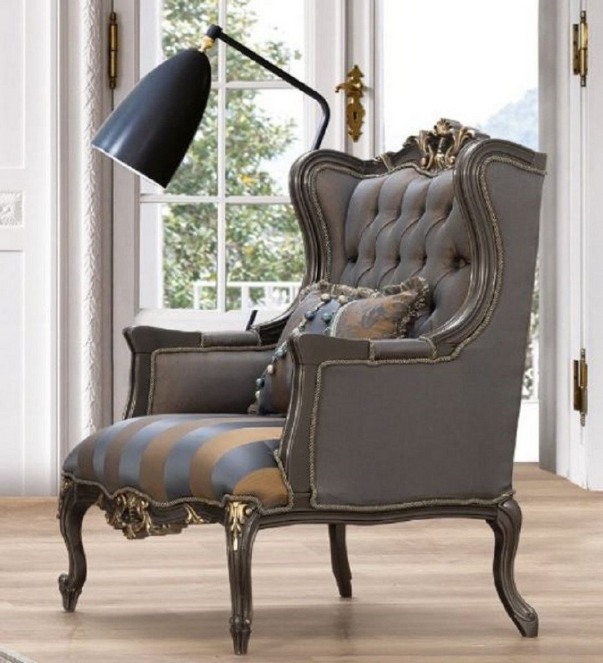 Casa Padrino Sessel Luxus Barock Ohrensessel Blau / Grau / Gold 20 x 20 x  H. 20 cm   Prunkvoller handgefertigter Wohnzimmer Sessel mit dekorativem  ...