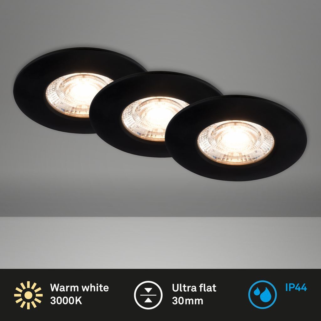 Briloner Leuchten LED Einbaustrahler 7606035, LED fest integriert, 2700K - Extra-Warmweiß, 3er Set, ultraflach, warmweiß, 3000K, chrom-matt, IP44, 6,5 cm