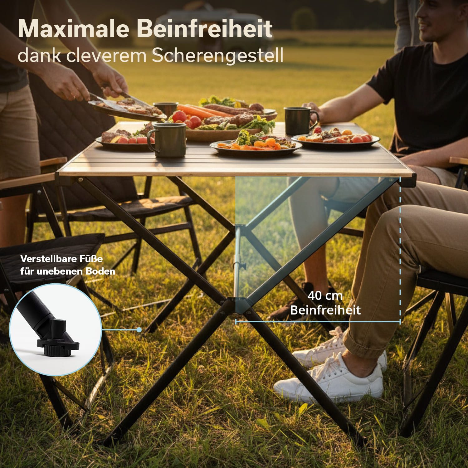 Skandika Campingtisch Tivaro, Alu Campingtisch mit Holz, für 4 Personen, klappbar, leicht (80 kg Traglast, 120x80x70cm, wetterfest, pflegeleicht, Gewicht 6,9 kg), einrollbare Tischplatte, Höhenverstellbare Füße, Tragetasche