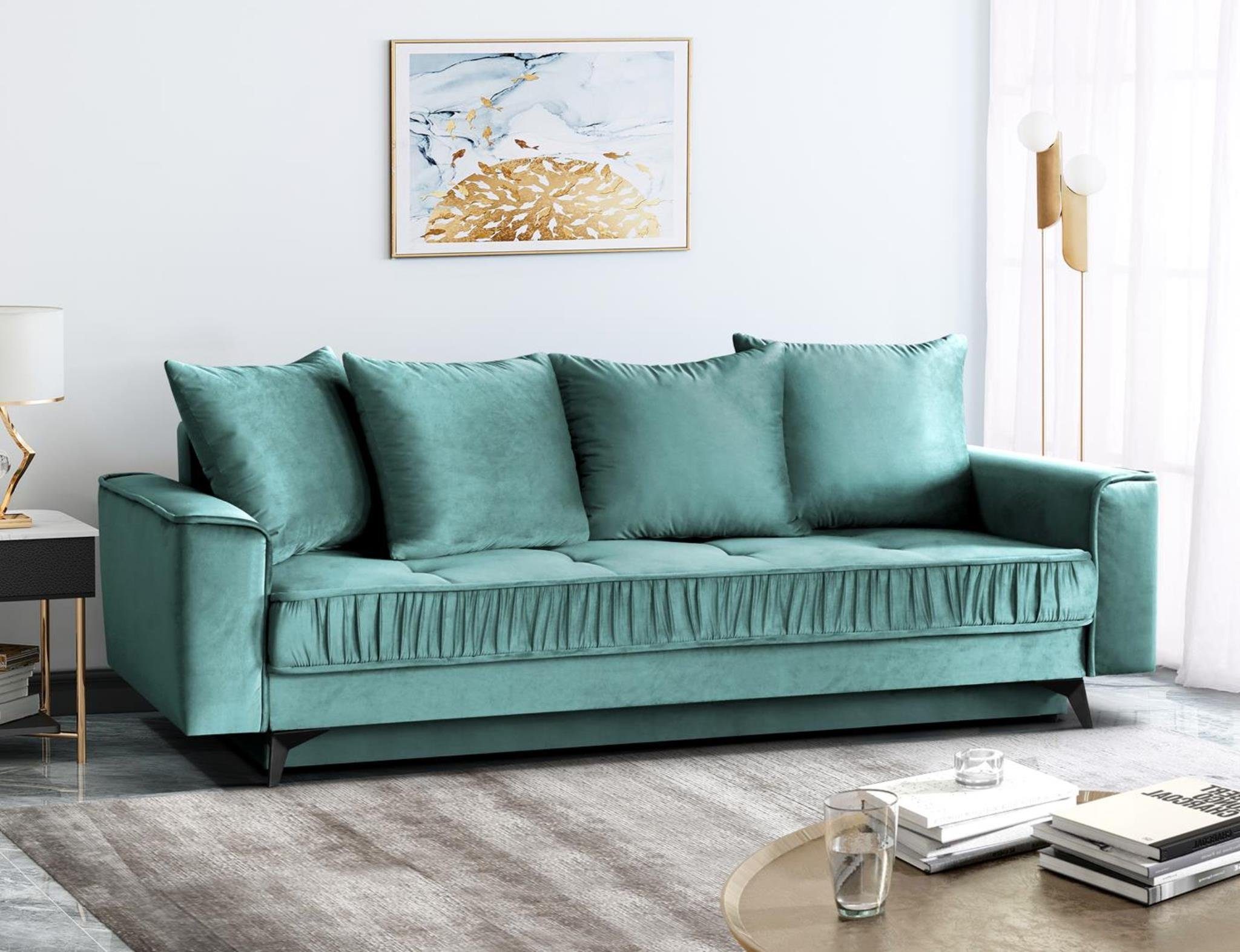 einzigartiges 3-Sitzer Schlafsofa Wellenunterfederung, mit Design, mit Monaco, Velours-Bezug, Beautysofa (velutto aus Mint Schlaffunktion 13) stilvoll