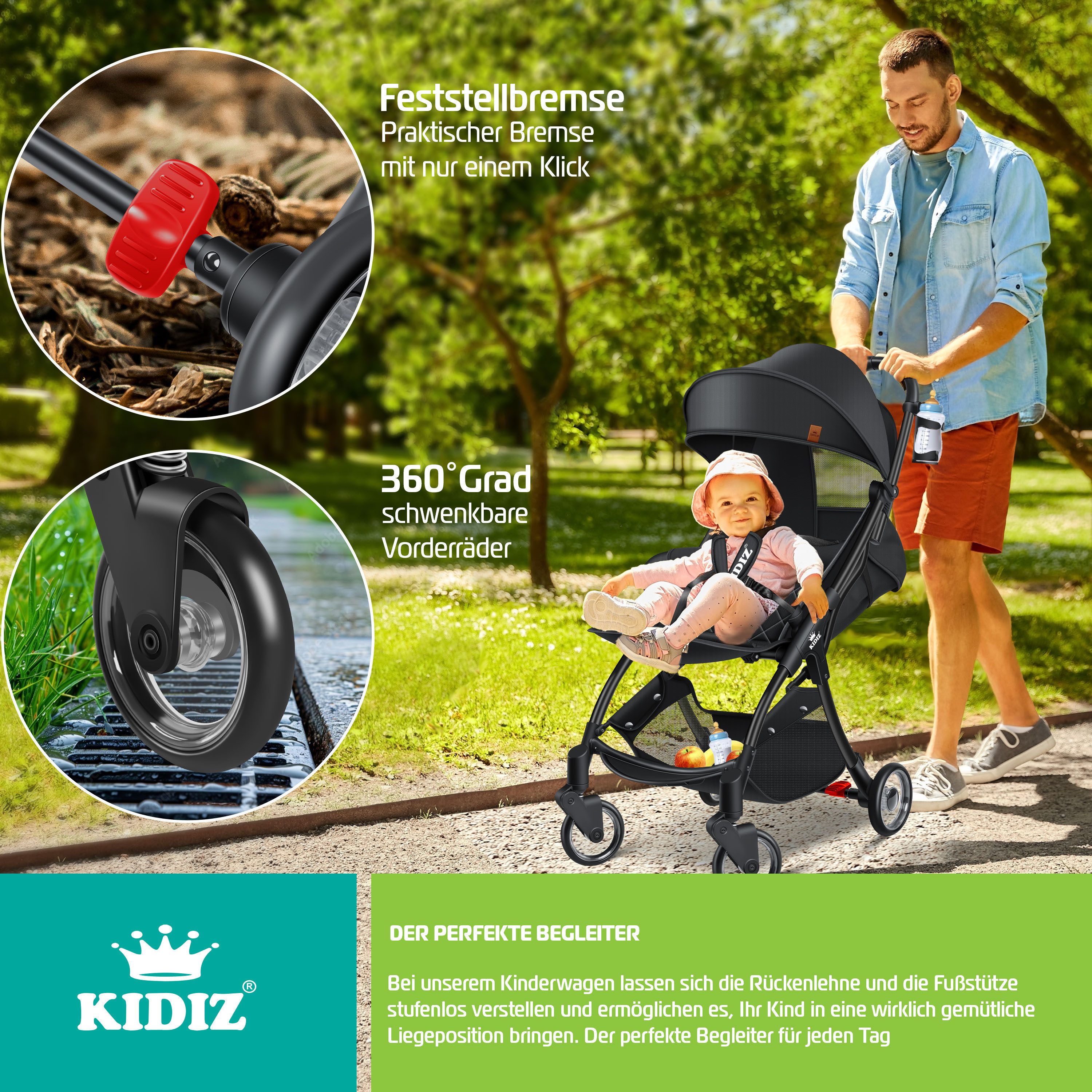 KIDIZ Kombi-Kinderwagen Sportwagen Faltbar, Buggy mit verstellbaren Rückenlehnen & 360° Räder, (Kinderbuggy Inkl. Getränkehalter, Regenabdeckung & Sonnenverdeck), Liegebuggy mit 5-Punkt Gurt & Abnehmbare Stoßstange