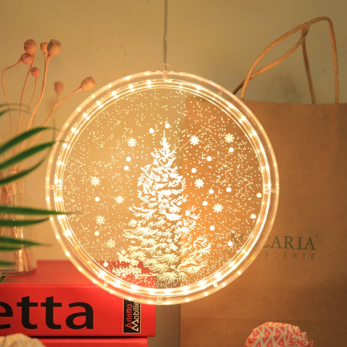 Rosnek Beleuchtetes Fensterbild Weihnachtsthema, Batterie; hängend/klebend, 3D-Effekt, Wand Fenster für Restaurant Schlafzimmer Deko