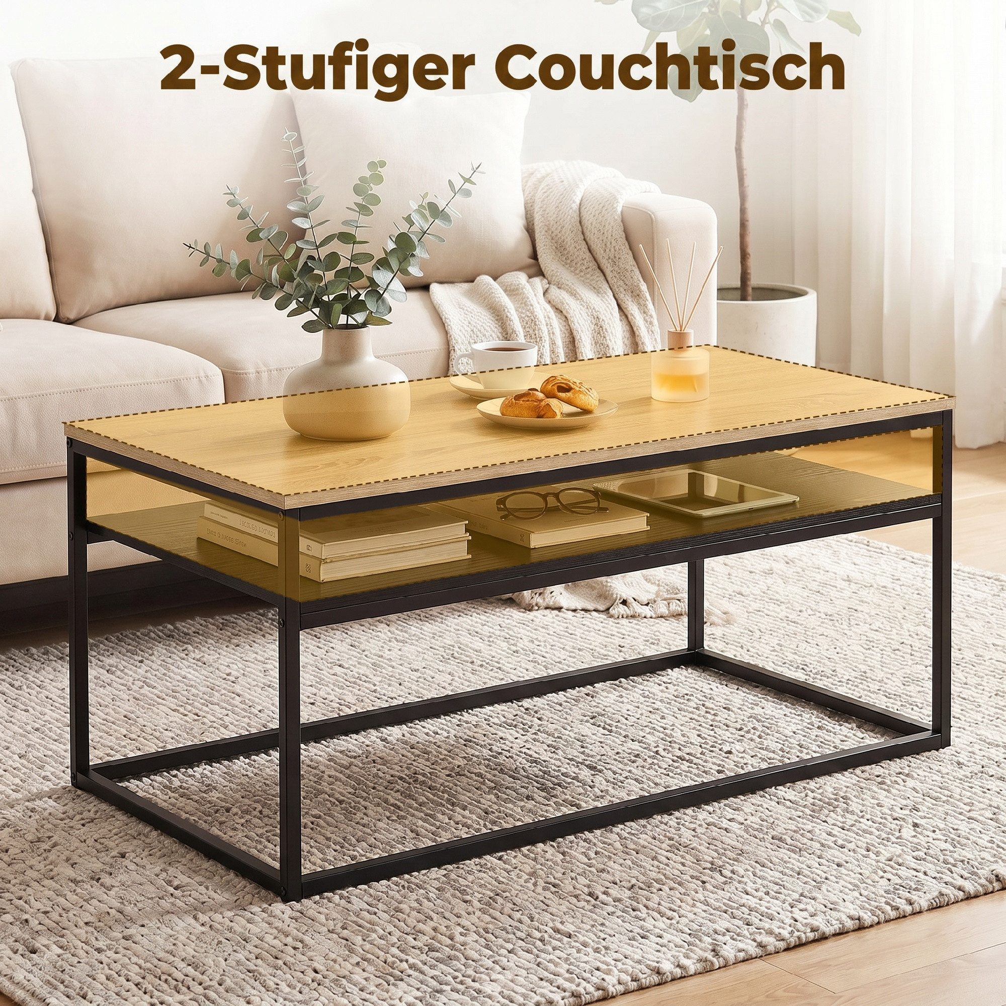 HOMCOM Couchtisch Wohnzimmertisch Beistelltisch mit Ablage (Sofatisch, 1-St., 1 Tisch), für Wohnzimmer, Schlafzimmer, 100 x 59 x 47 cm, Eiche – Bild 4 von 5