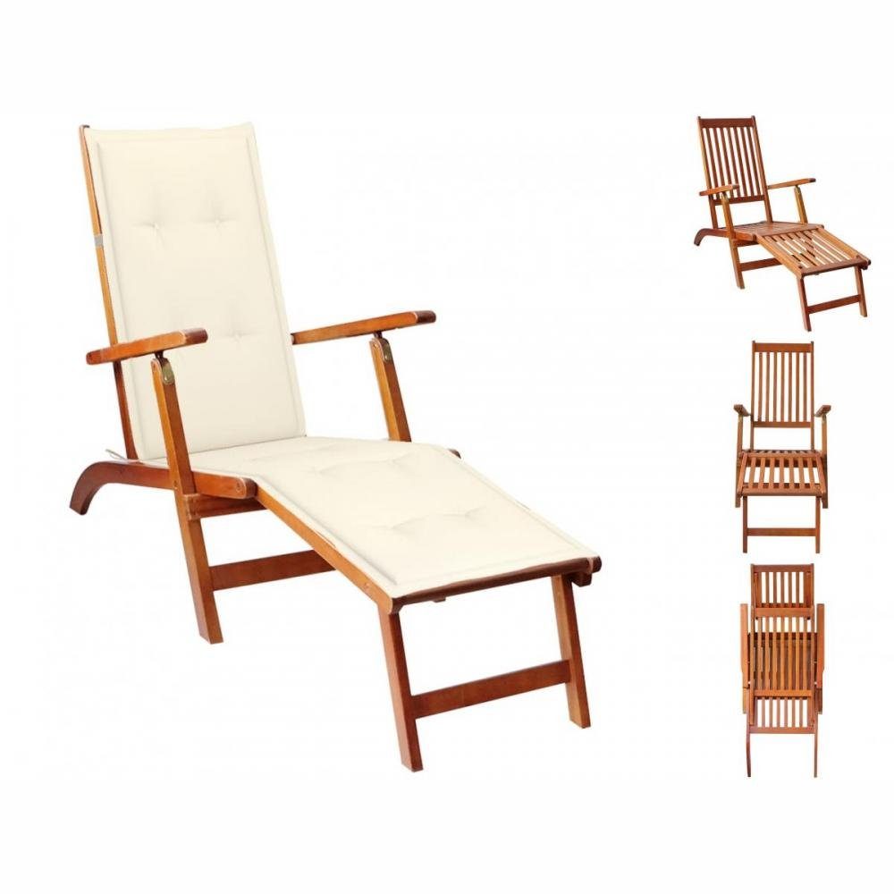 vidaXL Gartenlounge-Sessel Deckchair Gartenliege Liegestuhl mit Fußstütze Auflage creme Massivhol