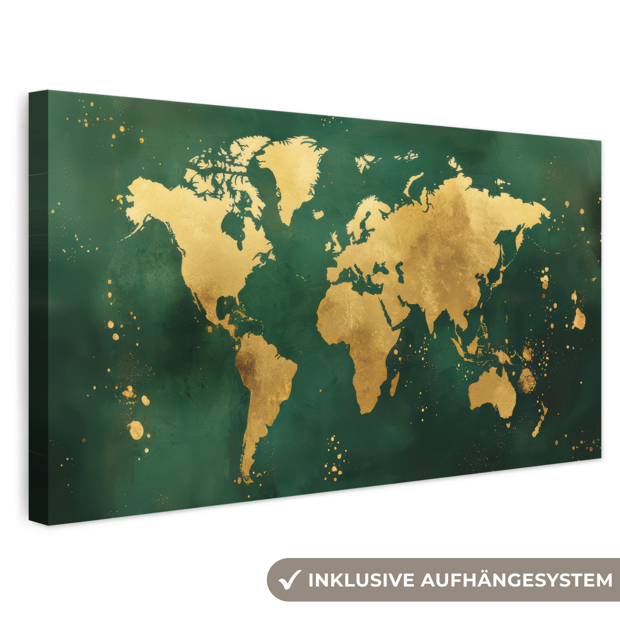 OneMillionCanvasses® Leinwandbild Panorama Weltkarte - Grün - Gold, Fotodruck (1 St), Wandbild, Deko Schlafzimmer Wohnzimmer Flur 40x20 cm