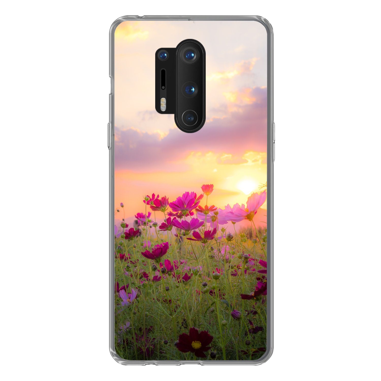 MuchoWow Handyhülle für OnePlus 8 Pro Sonnenuntergang - Blumen - Rosa - Natur - Grün, Phone Case, Silikon, Schutzhülle Dünn