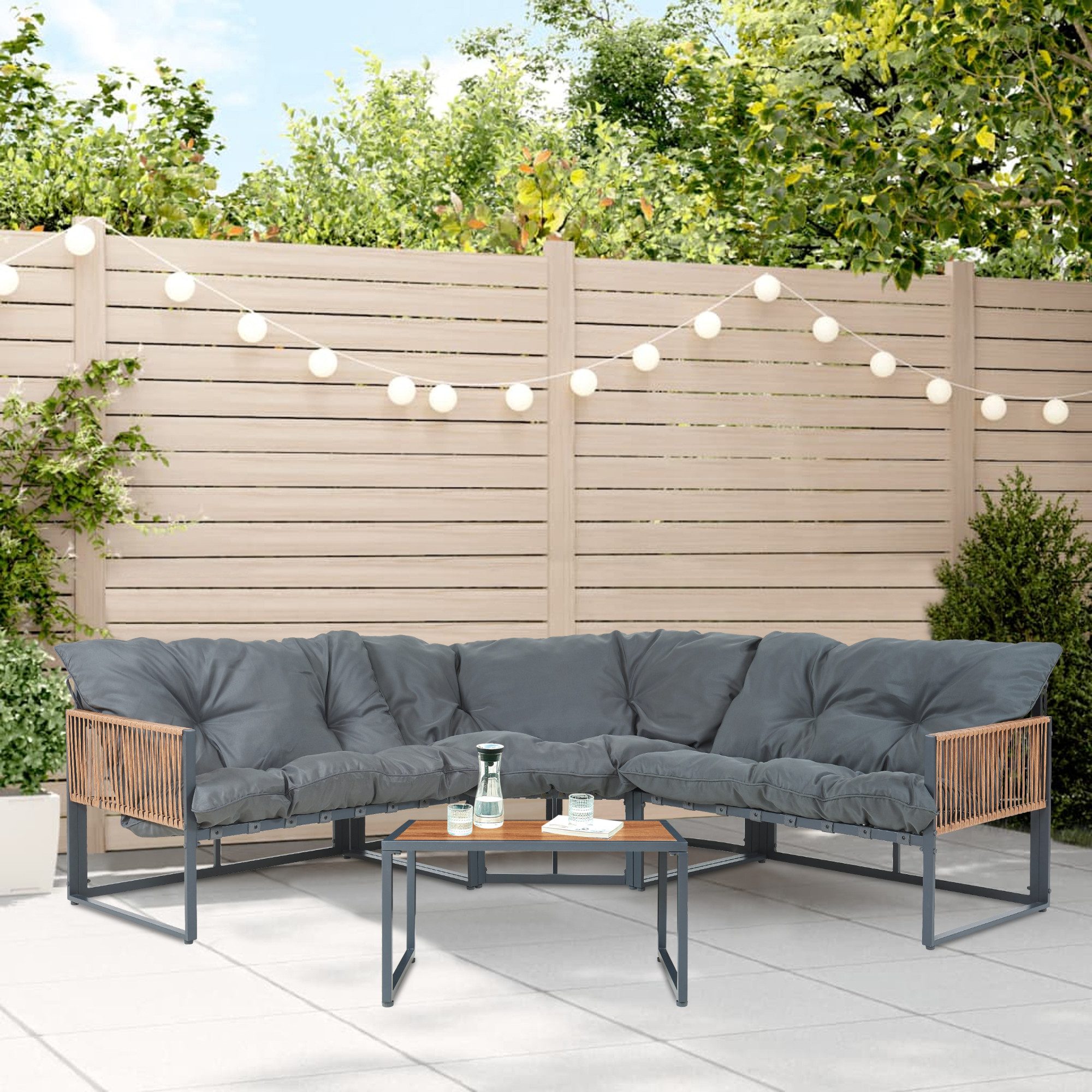 casa.pro Loungeset, (Set, 4-tlg), »Karg« Sofa mit Couchtisch Kissen Dunkelgrau/Rattanoptik