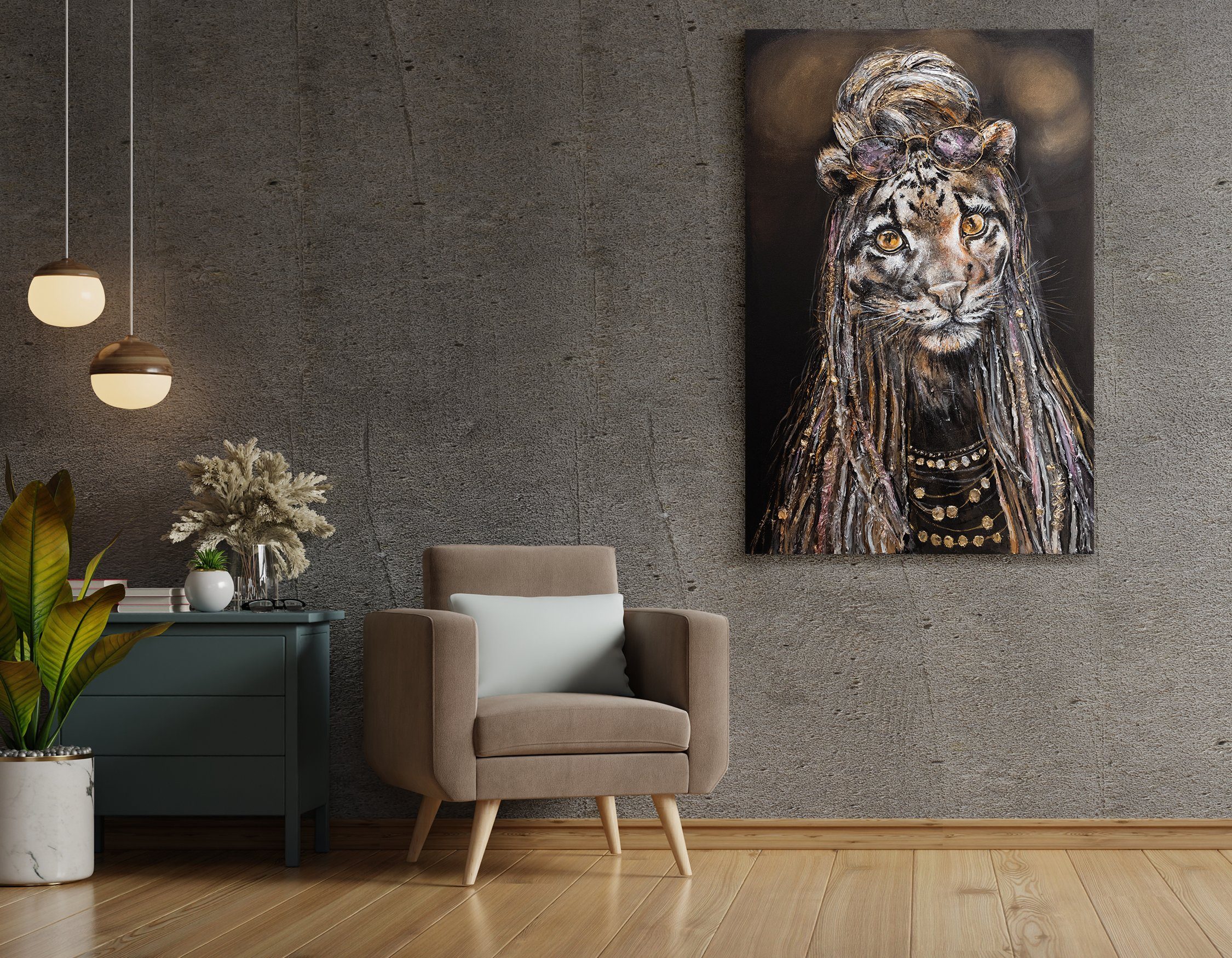 YS-Art Gemälde Leopard Agilität, Tiere, Leinwand Tier Bild Gold Handgemalt