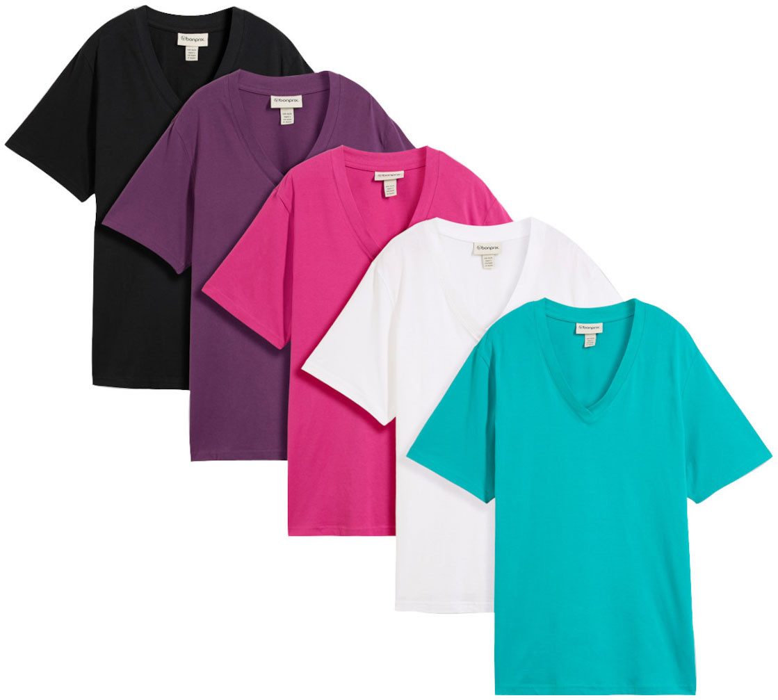 bonprix Longshirt (Packung, 5-tlg) lockere Passform, Kurzarm, mit V-Ausschnitt, unifarben