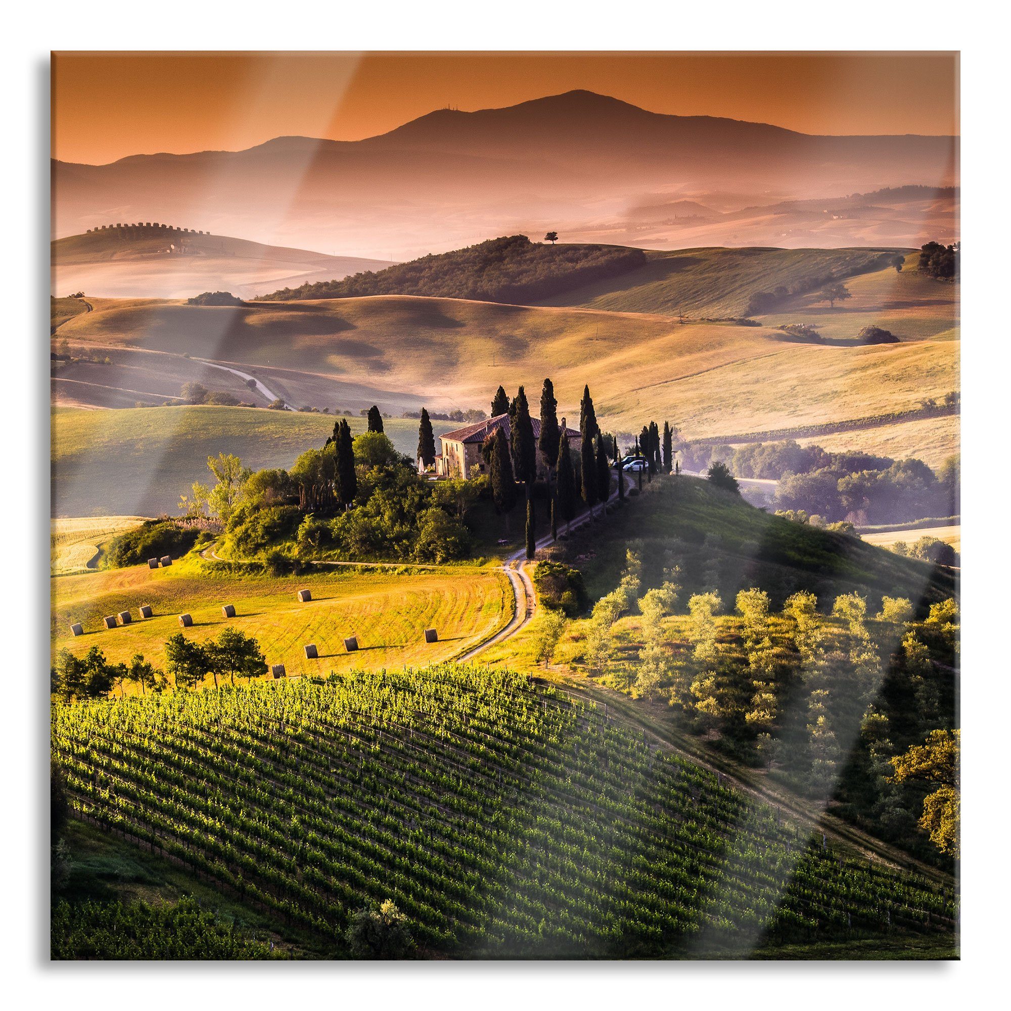Pixxprint Glasbild Wunderschöne Toskana Landschaft, Wunderschöne Toskana Landschaft (1 St), Glasbild aus Echtglas, inkl. Aufhängungen und Abstandshalter