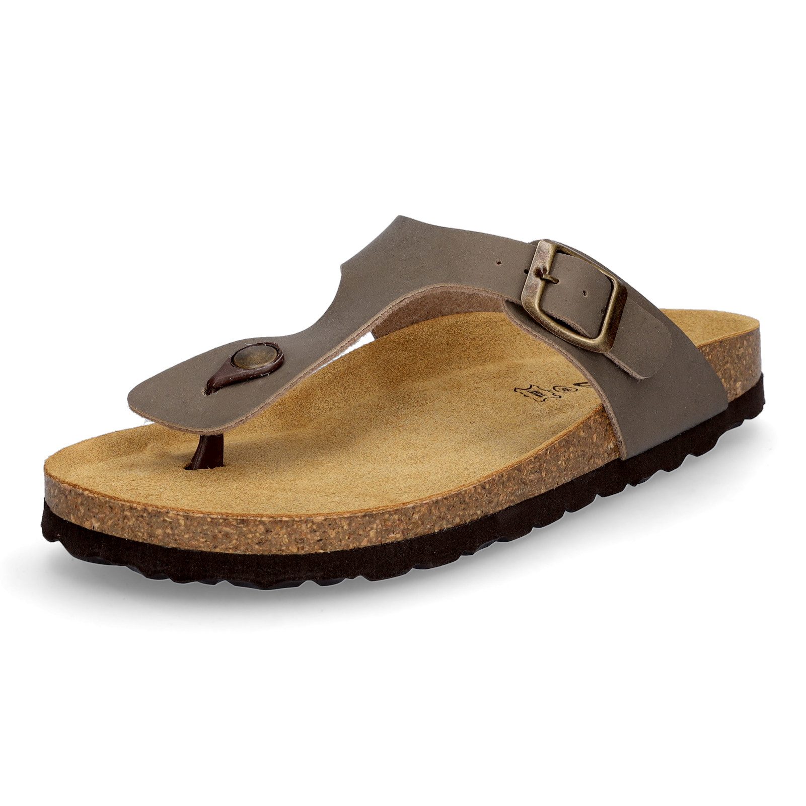 MIDS MIA Damen Pantolette taupe, Zehentrenner mit Lederfußbett, Schnalle und Korksohle