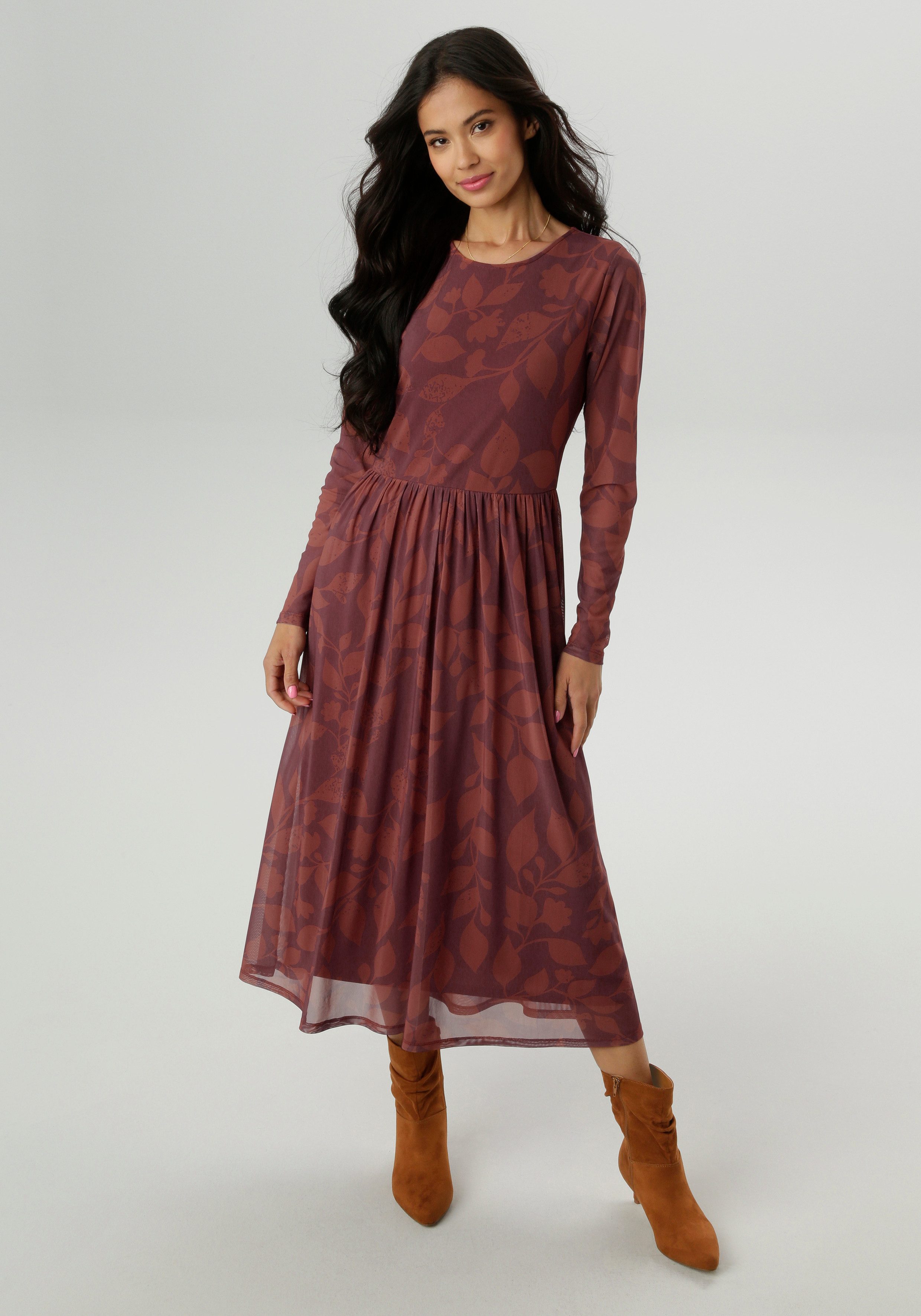 Aniston SELECTED Midikleid mit floralem Blättermuster in warmen Brauntönen günstig online kaufen
