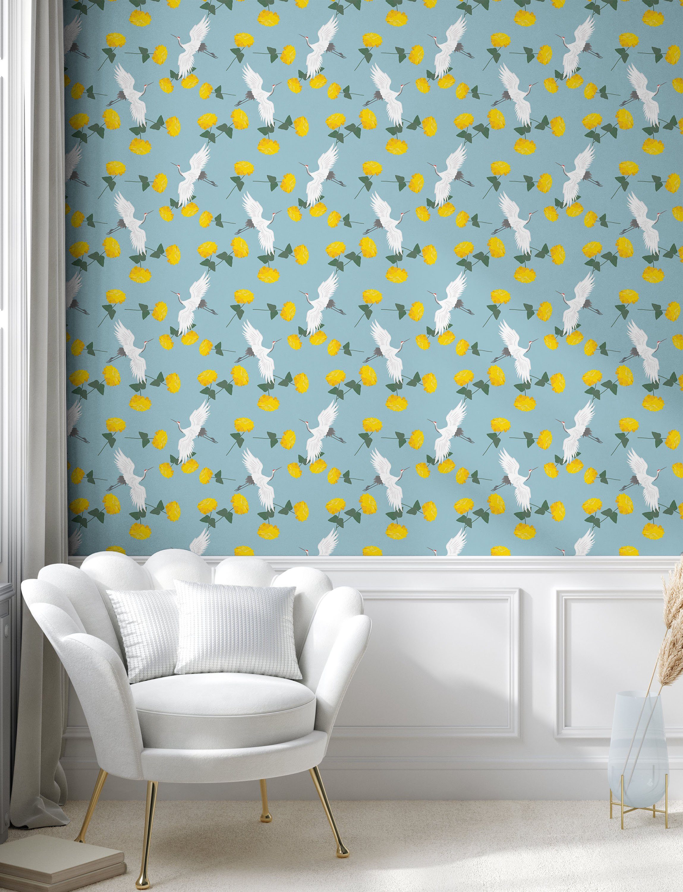 Abakuhaus Vinyltapete selbstklebendes Wohnzimmer Küchenakzent, Vogel Gelber Kräne und Blumen