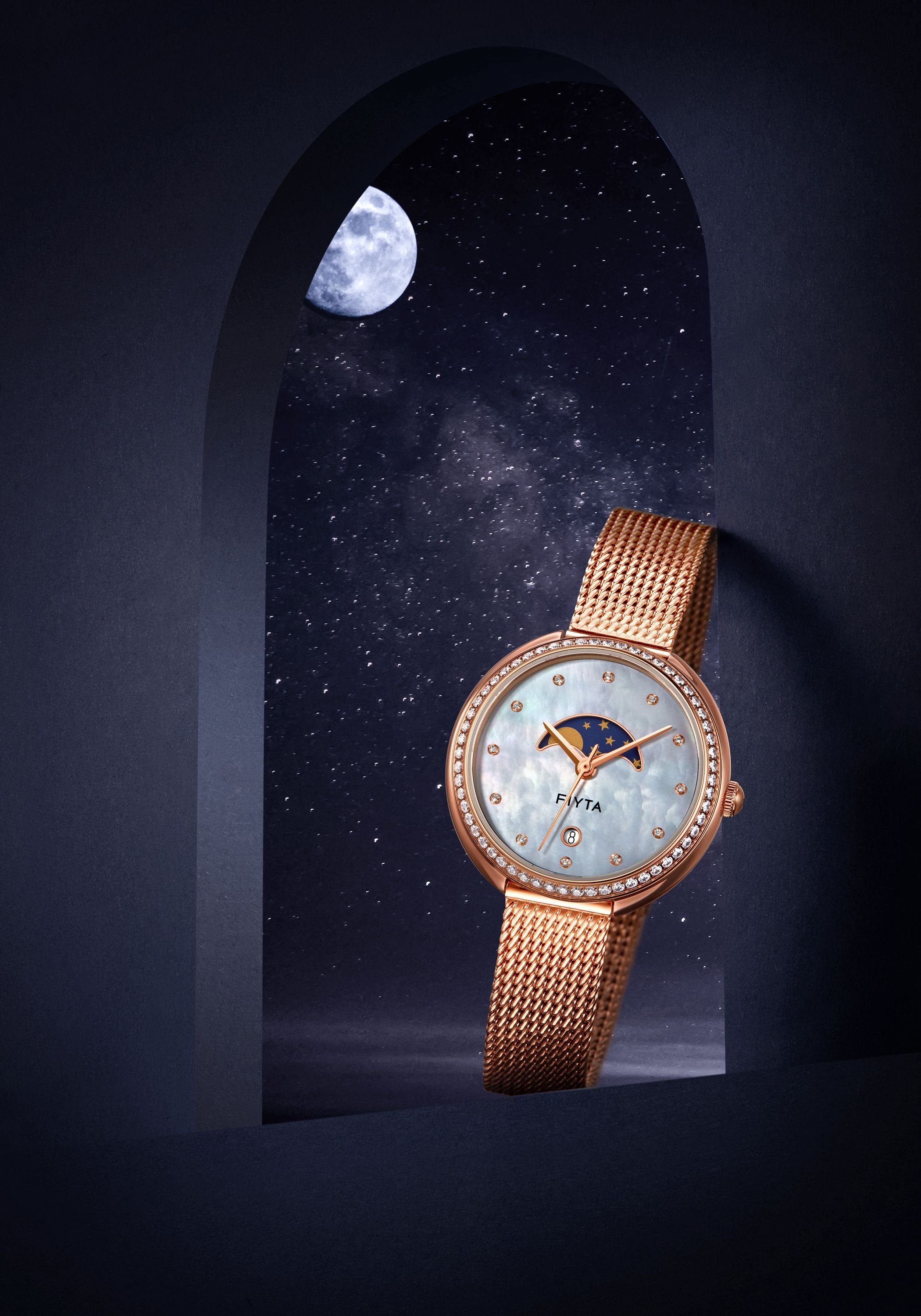 Mondphase Milanaise-Armband, Datum, und Quarzuhr L865005.PWPD FIYTA mit Fancy