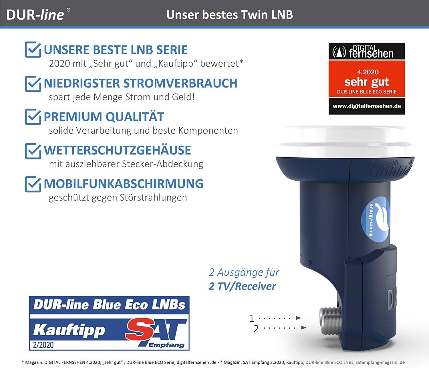 DUR-line DUR-line Blue ECO Twin - Stromspar-LNB - 2 Teilnehmer - Premium-Qualit Universal-Twin-LNB