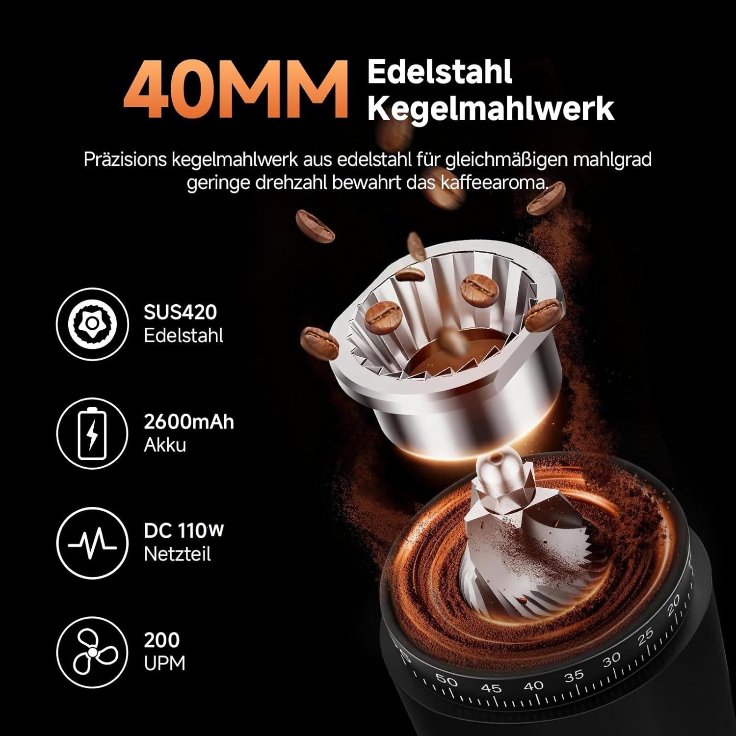 AMZCHEF Kaffeemühle CE-HB-68OT6-BK, kabellose Kaffeemühle Elektrisch, 60 Mahlgrade
