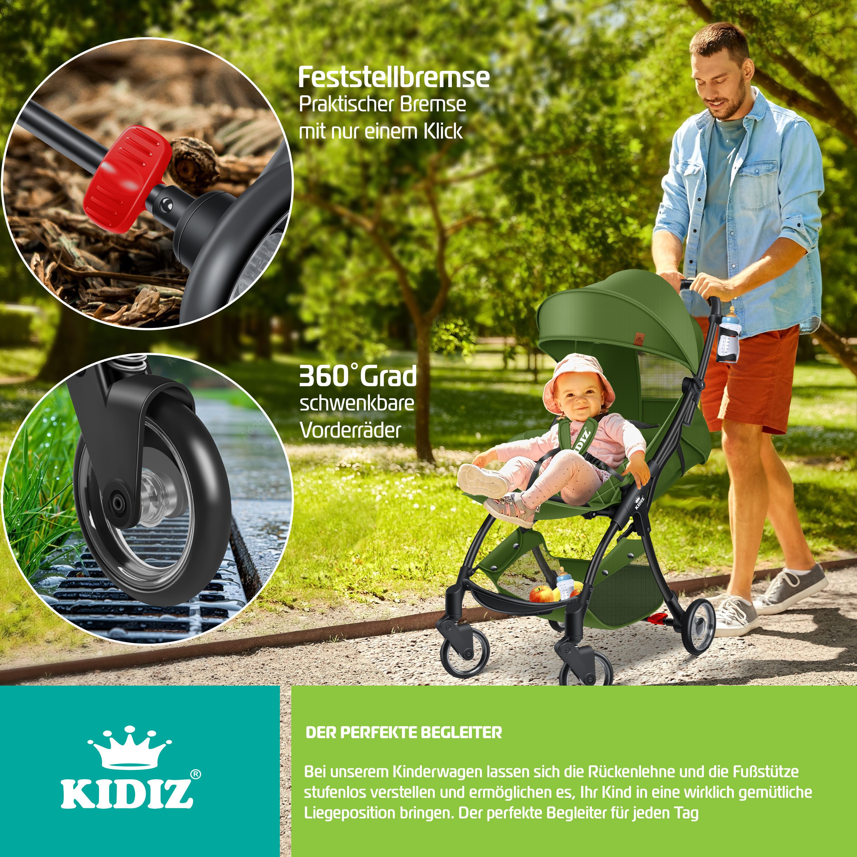 KIDIZ Kombi-Kinderwagen Sportwagen Faltbar, Buggy mit verstellbaren Rückenlehnen & 360° Räder, (Kinderbuggy Inkl. Getränkehalter, Regenabdeckung & Sonnenverdeck), Liegebuggy mit 5-Punkt Gurt & Abnehmbare Stoßstange