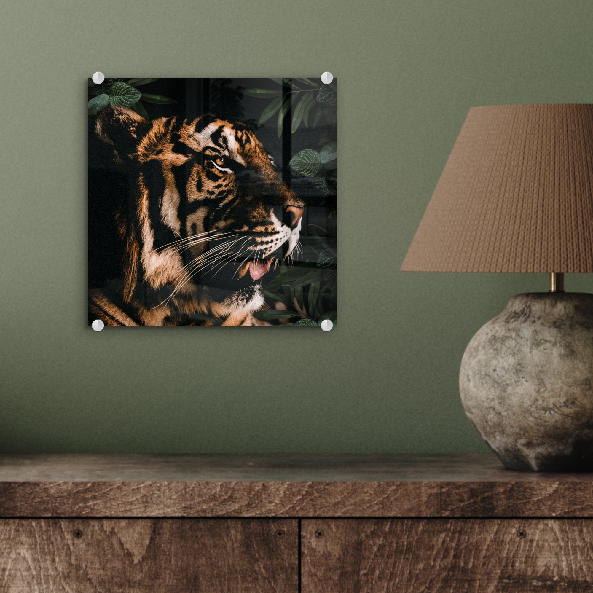 MuchoWow Acrylglasbild Tiger - Blätter Glasbilder Foto auf Wanddekoration auf St), - Glas (1 Tier, - Glas Bilder - - Wandbild