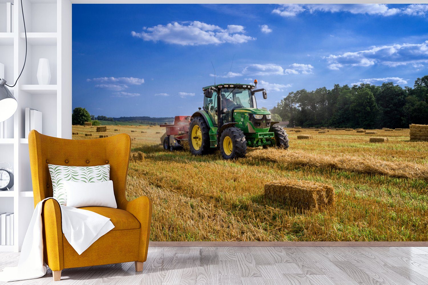 MuchoWow Fototapete Traktor - Bauernhof - Heu - Feld - Sonne - Landleben, Matt, bedruckt, Wallpaper für Wohnzimmer, Schlafzimmer, Vinyl Tapete, 390x260 cm