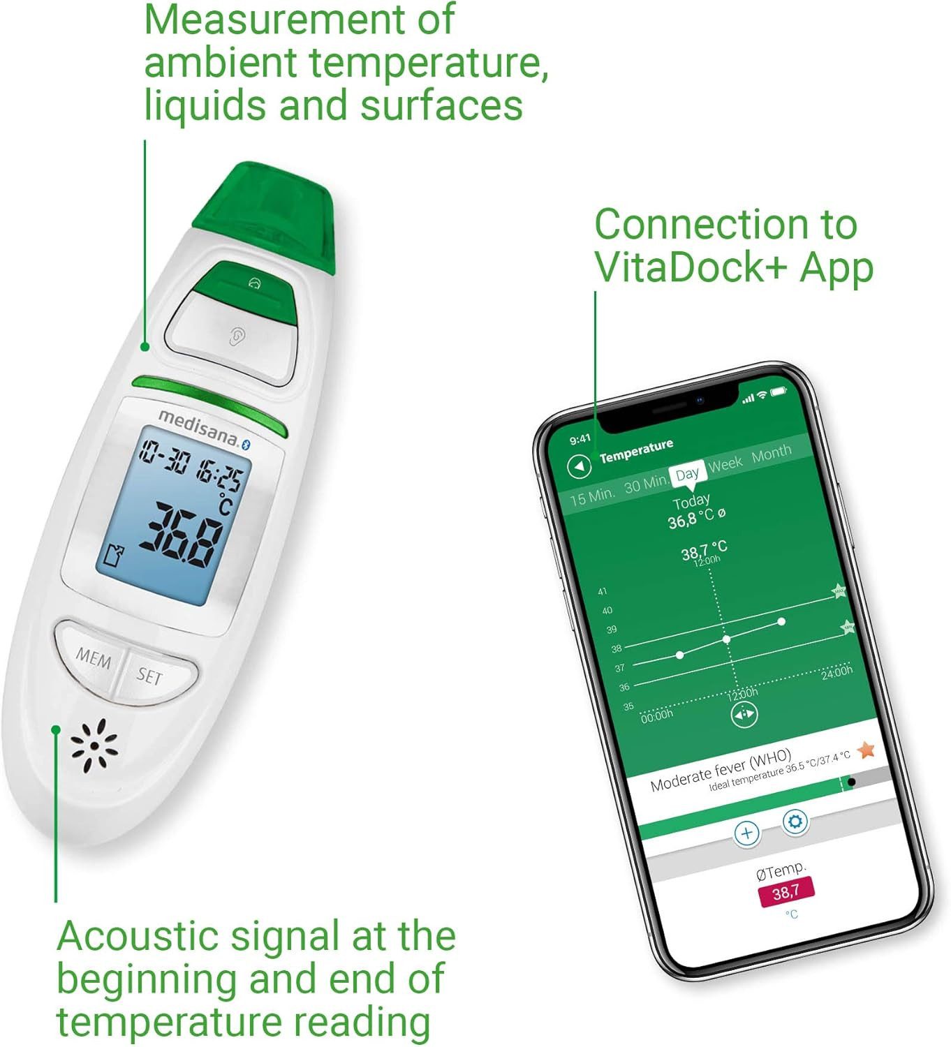 medisana Fieberthermometer TM750 Connect Multifunktiosthermometer 6in1 Bluetooth Ohrthermometer, 1-tlg., Stirnthermometer mit visuellem Fieberalarm, Speicherfunktion
