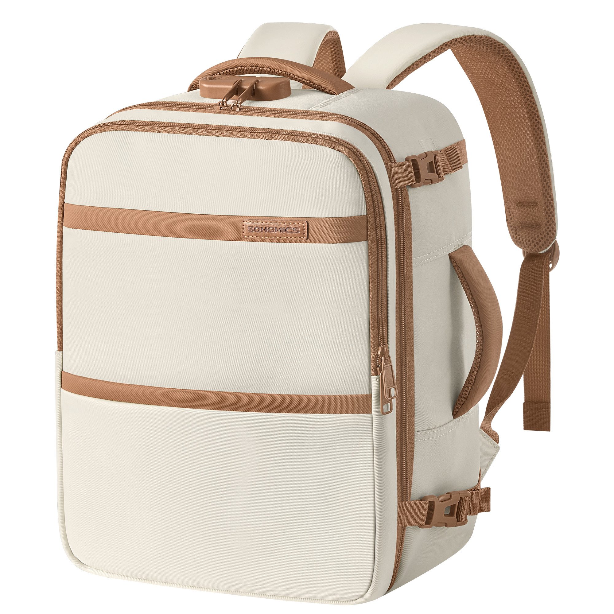 SONGMICS Reiserucksack Zahlenschloss, wasserabweisend, Laptoprucksack, Handgepäckrucksack für Flugreisen, mit Nassfach, 180° aufklappbar