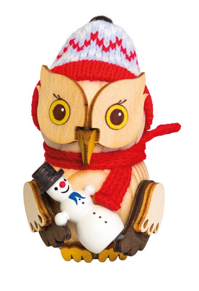 Kuhnert Dekofigur Mini-Eule mit Schneemann - aus Holz gefertigt - ca. 7 cm groß, Dekoration für jeden Raum - aus dem Erzgebirge - Made in Germany