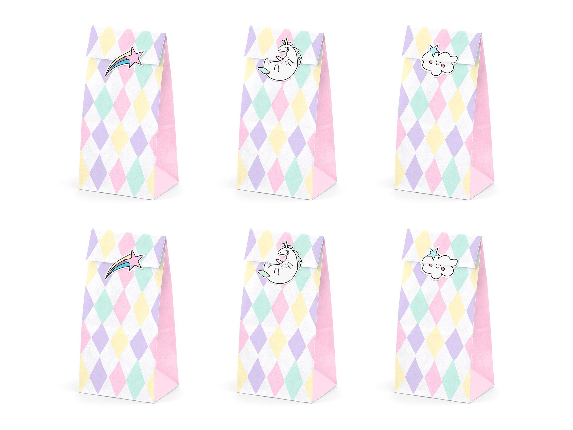 partydeco Упаковочная бумага, Бумагаtüten mit Einhorn Aufklebern 6er Set bunt pastell