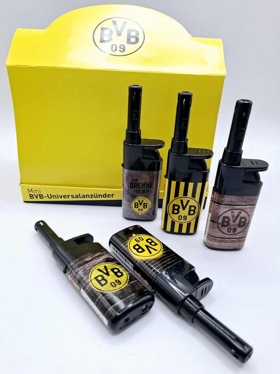 BVB Feuerzeuge 5x BVB Borussia Dortmund Lizenz Fussball Fan Artikel gelb schwarz (5-St., 5 Stück), BVB universal Stabfeuerzeug