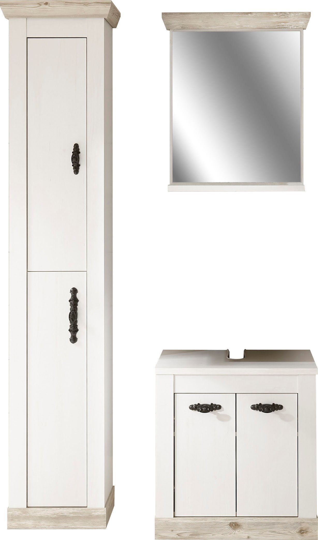 Home affaire Badmöbel-Set Florenz, Bad im Landhausstil, 3-teiliges Badezimmer, (3-St), Waschbeckenunterschrank, Schrank und Spiegel, in Pinie Weiß, Stauraum