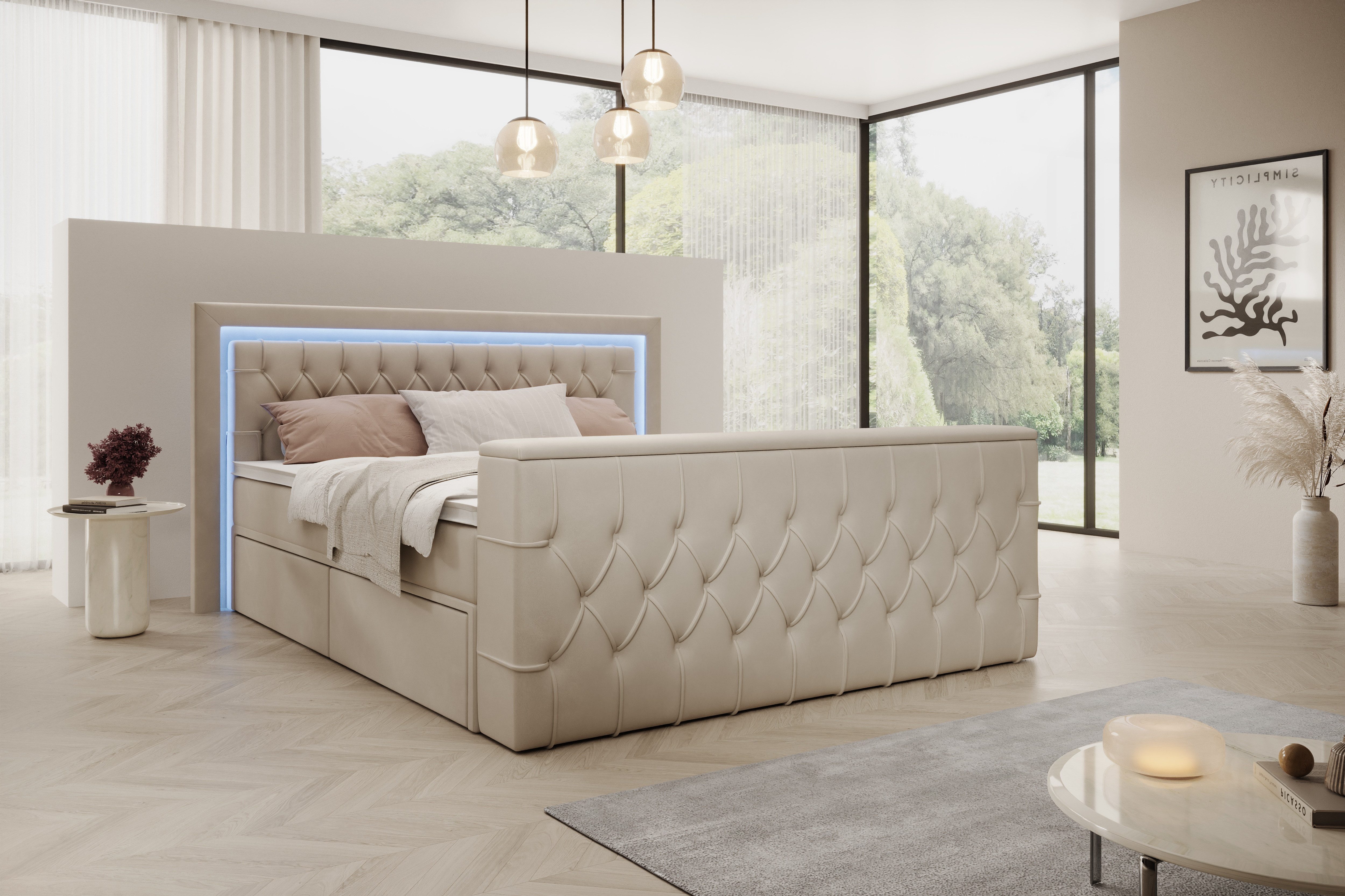 PROMETO Möbel Boxspringbett Doppelbett 180x200 mit Matratze, Schubladen TV-Lift LED Beleuchtung, inkl. 7-Zonen-Taschenfederkernmatratze, TV-Lift im Fußteil, Topper