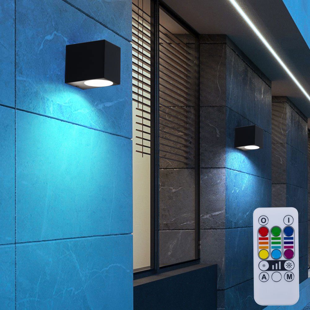 etc-shop Außen-Wandleuchte, Leuchtmittel inklusive, Warmweiß, Farbwechsel, 2er Set RGB LED Außen Lampen Fernbedienung ALU Down Spots dimmbar