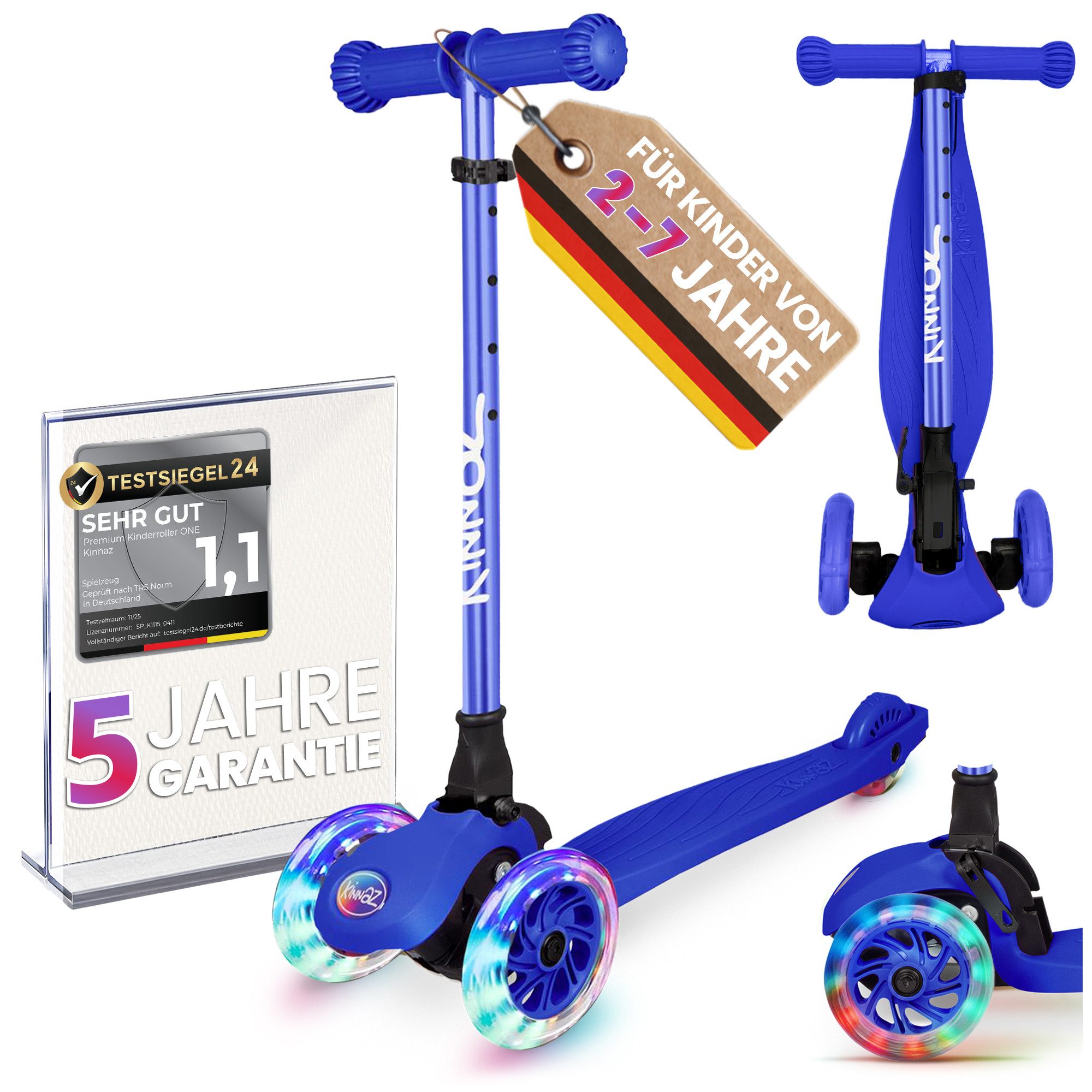 KINNAZ Dreiradscooter ab 2 Jahre LED, faltbar, Höhe flexibel, Kinderoller, Scooter, Roller, (Kinderroller, kinnaz ONE), Händler aus Hamburg