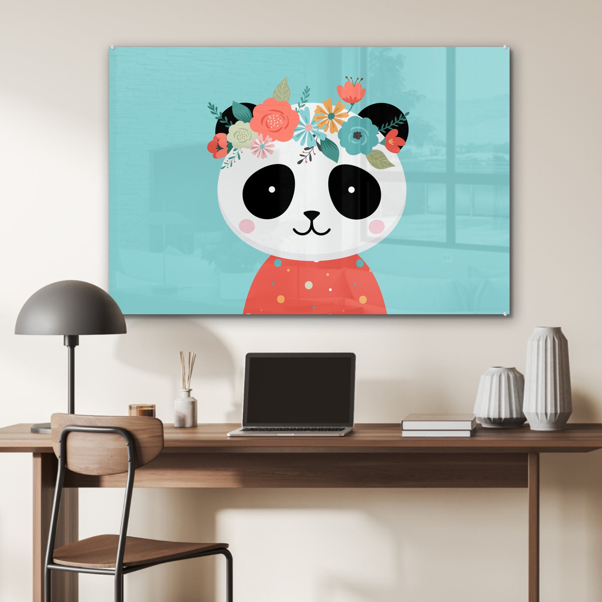 St), - Panda Blau, Schlafzimmer & (1 - Blumengirlande MuchoWow Acrylglasbild Wohnzimmer Acrylglasbilder