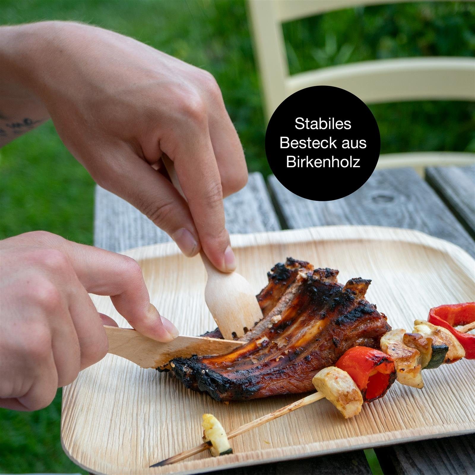 Moritz & Moritz Einweggeschirr-Set 75tlg Palmblatt Geschirr Eckig 25x25cm (75-tlg), 25 Personen, Palmblatt, Birkenholz, Nachhaltiges Einweggeschirr - 25 Teller Einweg - 25 Holzbesteck Einweg