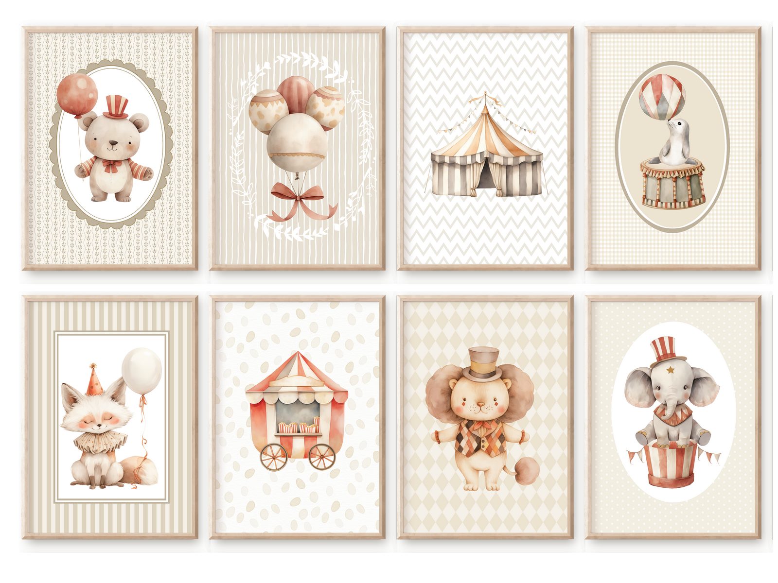 homestyle-accessoires Poster Kinderzimmer Bilderwand 8erSet Bilderset Babyzimmer ZIRKUS POPCORN, Hochformat, Künstlerpapier, ohne Rahmen