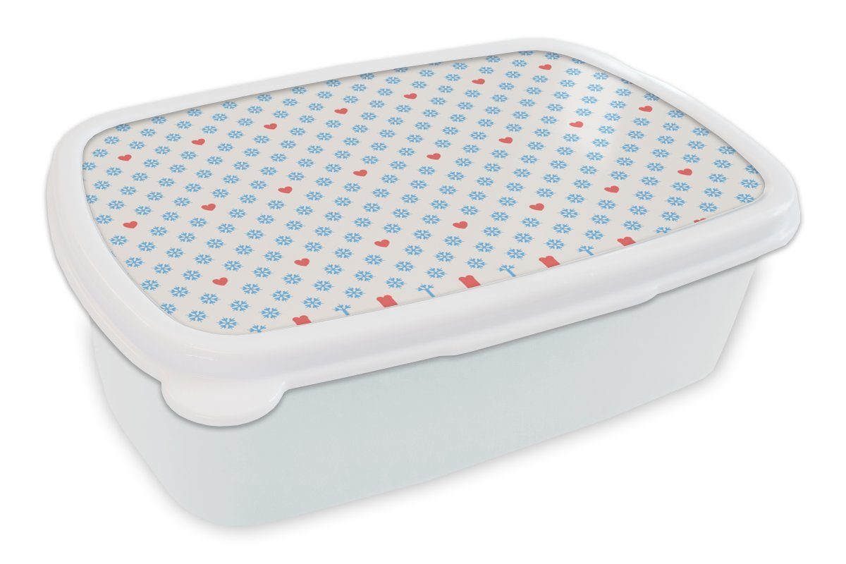 MuchoWow Lunchbox Schneeflocke - Herz Kunststoff, und - Jungs weiß Brotbox Kinder (2-tlg), Winter Brotdose, für Mädchen Muster, und - Erwachsene, für