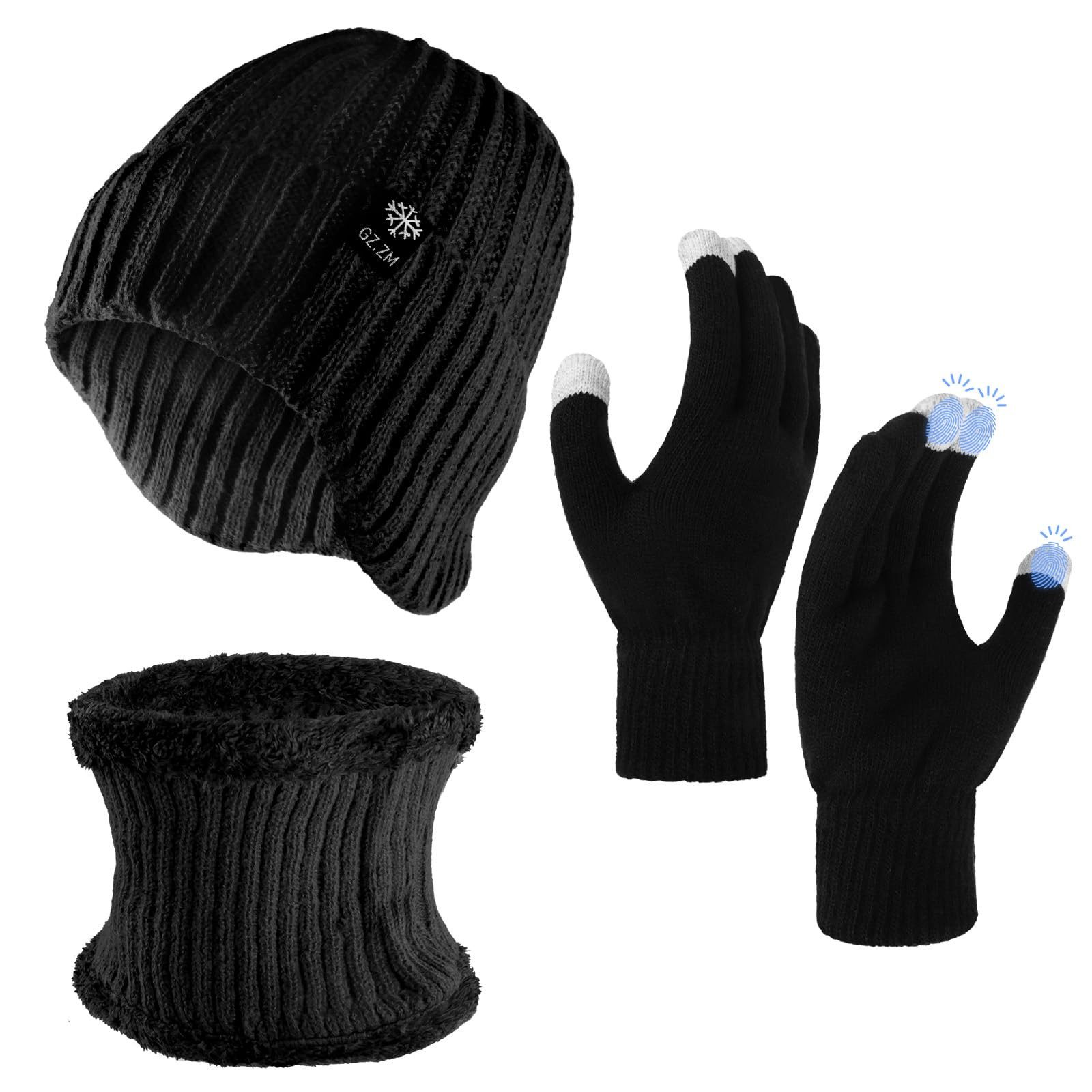 Mütze & Schal 3 Stück Mütze Loop Schal Touchscreen Handschuh-Sets für Herren Damen