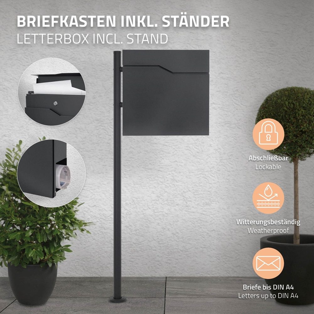 Thumbnail - ML-DESIGN Standbriefkasten Briefkasten Postkasten mit Zeitungsfach, inkl. Standfuß, Briefkastenanlage mit Ständer Anthra...