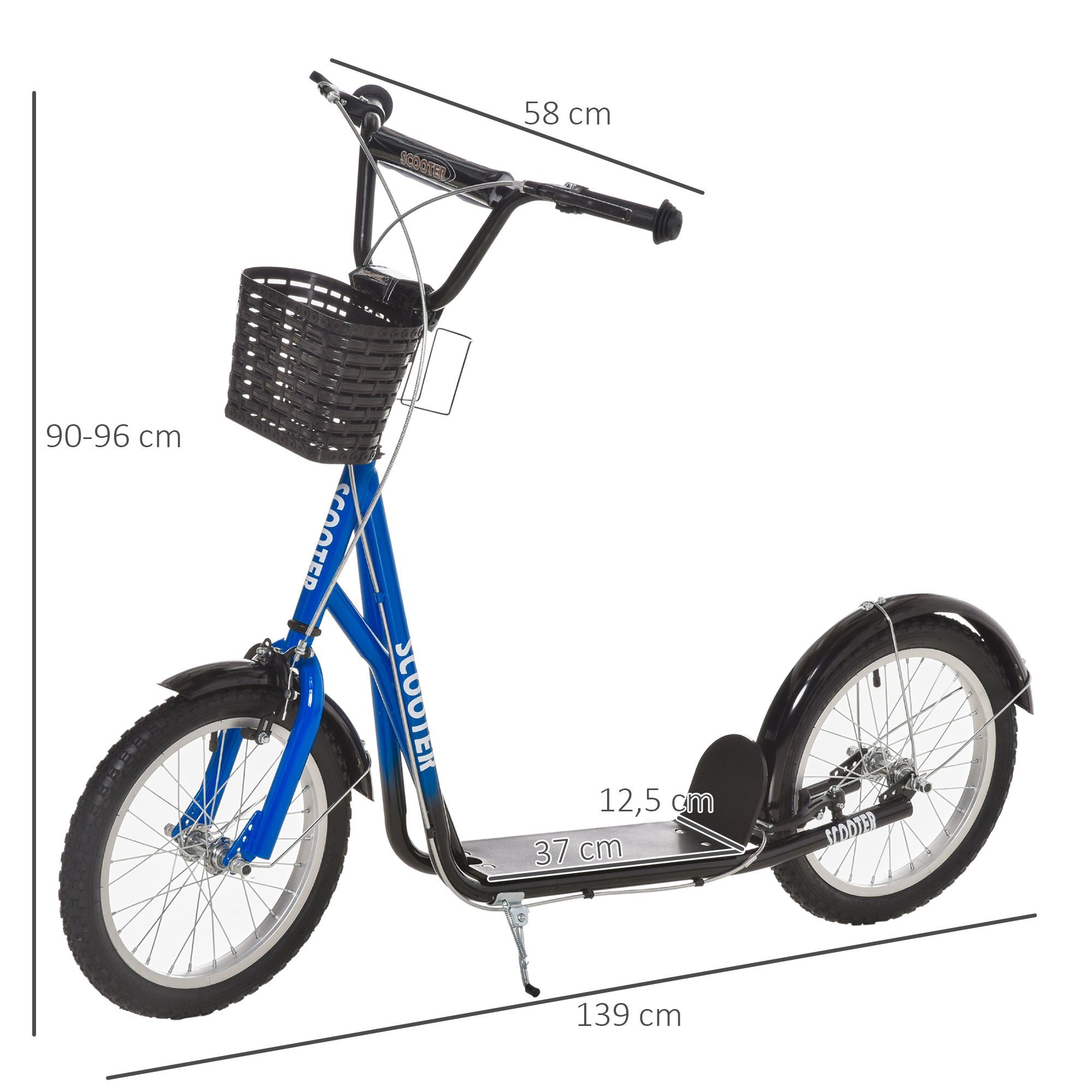 HOMCOM Cityroller Roller Kinderroller mit Luftreifen Handbremse 16 Zoll Tretroller, 1 km/h, (Roller, 1 tlg., Kickscooter), für 5-12 Kinder, Blau+Schwarz